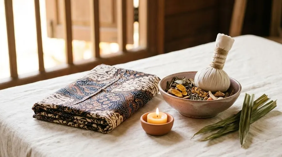 Batik cloth, herbal compress ball, candle and herbs on a massage table